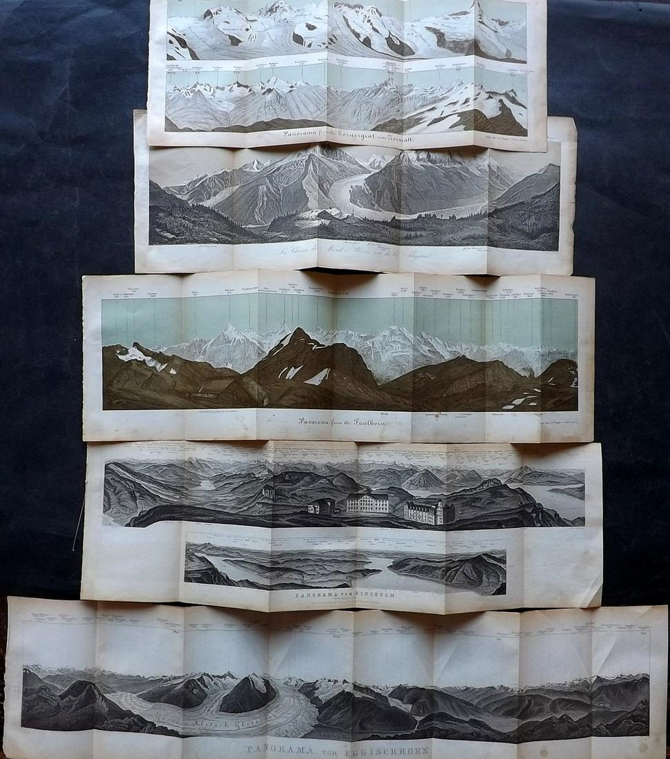Baedeker, Karl 1879 Lot of 5 Panoramas of the Swiss Alps, Switzerland: Incl Mont Blanc, Eggishorn, Rigi Kulm, Faulhorn and Gornergrat. Steel Engravings & Lithographs Published 1879, Leipzig for "Switzerland, and the adjacent portions of Italy, Savoy, and The Tyrol" by Ka