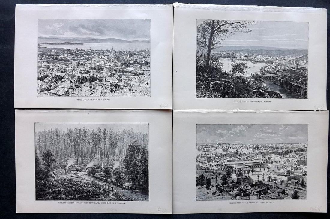 Reclus, Elisee C1880 Lot of 4 Prints. Australia & Tasmania: Wood Engraving (Reverse side blank) Published 1876-94, London for "The Universal Geography" by Elisee Reclus. Edited by A. H. Keane. Surrounding and verso text, but with no show through. Paper Size: 1