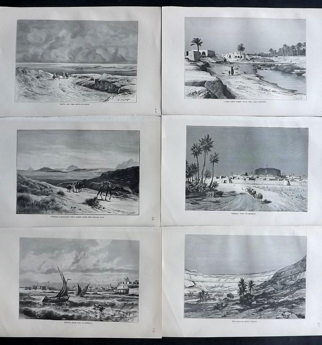 Reclus, Elisee C1880 Lot of 6 Prints. Libya & Tunisia: Wood Engraving (Reverse side blank) Published 1876-94, London for "The Universal Geography" by Elisee Reclus. Edited by A. H. Keane. Paper Size: 10 x 7 inch (26 x 17.5cm) Good Condition
