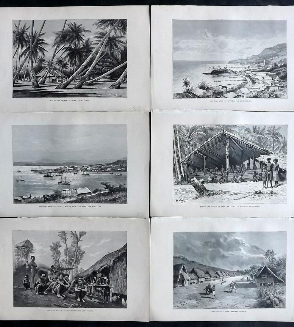 Reclus, Elisee C1880 Lot of 6 Prints. Pacific: Incl Mariana Islands, New Guinea, New Caledonia, Fiji, Polynesia, and The Solomon Islands. Wood Engraving (Reverse side blank) Published 1876-94, London for "The Universal Geography" by Elisee Reclus.
