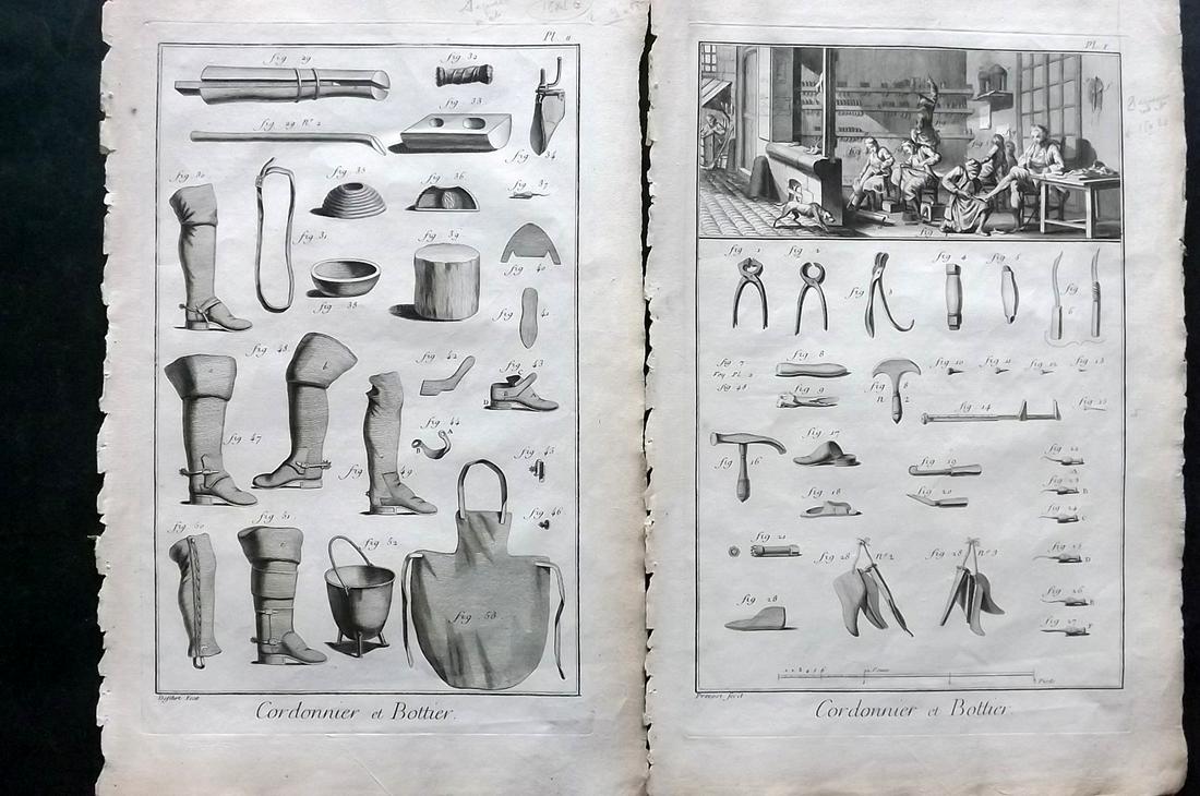 Diderot, Denis C1760 Pair of Prints. Cordonnier et Bottier - Shoe & Boot Maker: Folio Copper Plate Published 1751-72, Paris for "Encyclopédie, ou Dictionnaire Raisonné des Sciences, des Arts et des Métiers" First & Folio Edition by Denis Diderot & Jean le Rond d'Alembert. Pape