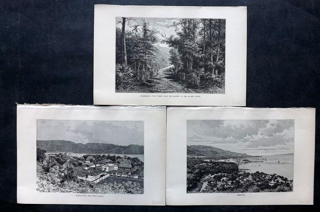 Reclus, Elisee C1880 Lot of 3 Prints. Indonesia East Indies: Wood Engraving (Reverse side blank) Published 1876-94, London for "The Universal Geography" by Elisee Reclus. Edited by A. H. Keane. Surrounding and verso text, but with no show through. Paper Size: 1