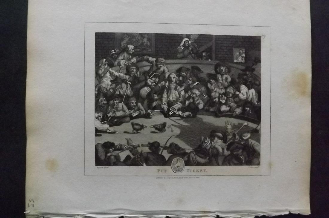 Hogarth, William 1808 Antique Print. Pit Ticket, Cockfighting (1 of 2)