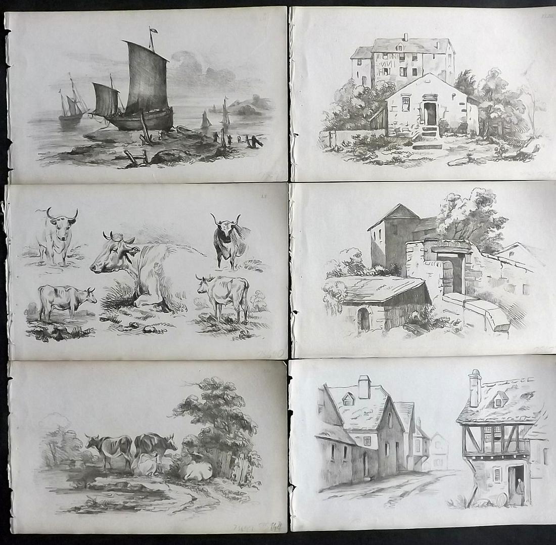 Davis & Co. (Pub) C1825 Lot of 6 Prints. Study of Houses, Cattle, Boat (1 of 2)