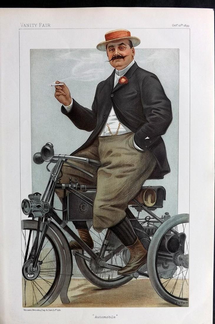 Vanity Fair Print 1899 Comte De Dion, Automobile: Chromolithograph Published 1869-1914, London for "Vanity Fair" Paper Size: 15 x 10 inch (38 x 25cm) Approx. Good Condition