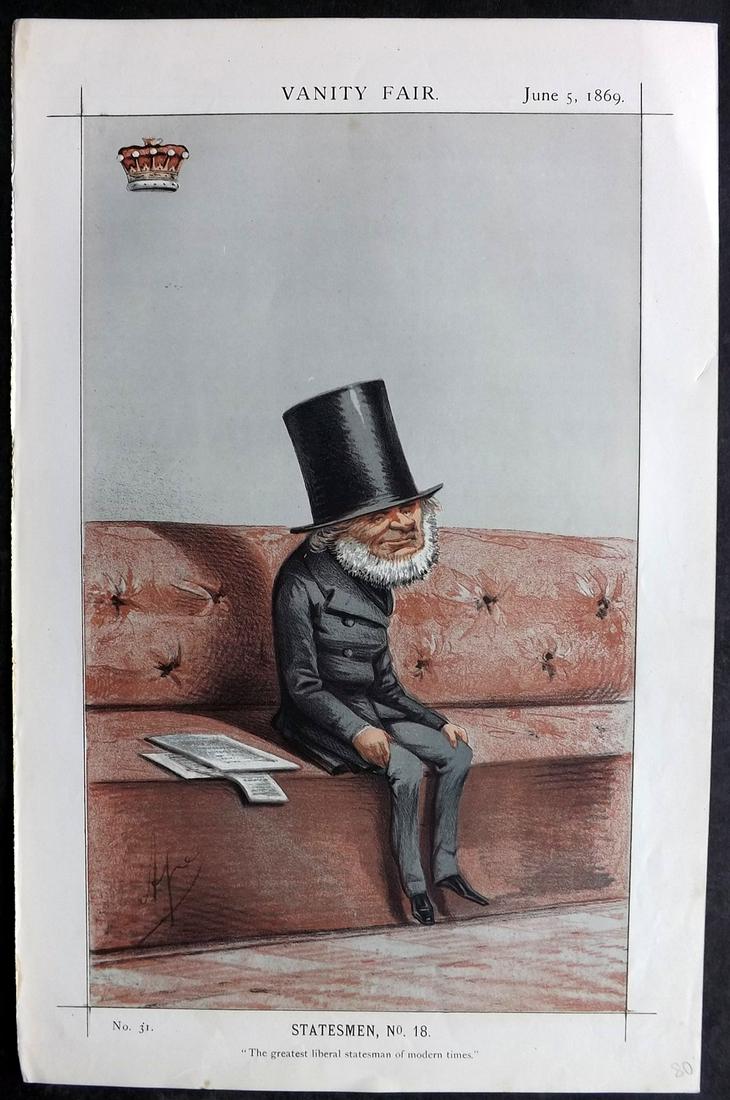 Vanity Fair Print 1869 Earl Russell, Prime Minister: Chromolithograph Published 1869-1914, London for "Vanity Fair" With accompanying biographical text. Paper Size: 14 x 9 inch (36 x 23cm) Approx. Good Condition