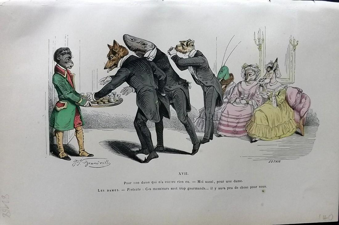Grandville, J. J. 1869 HC Anthropomorphic Print. Shark, Monkey, Wolf, Dog 17 (1 of 2)