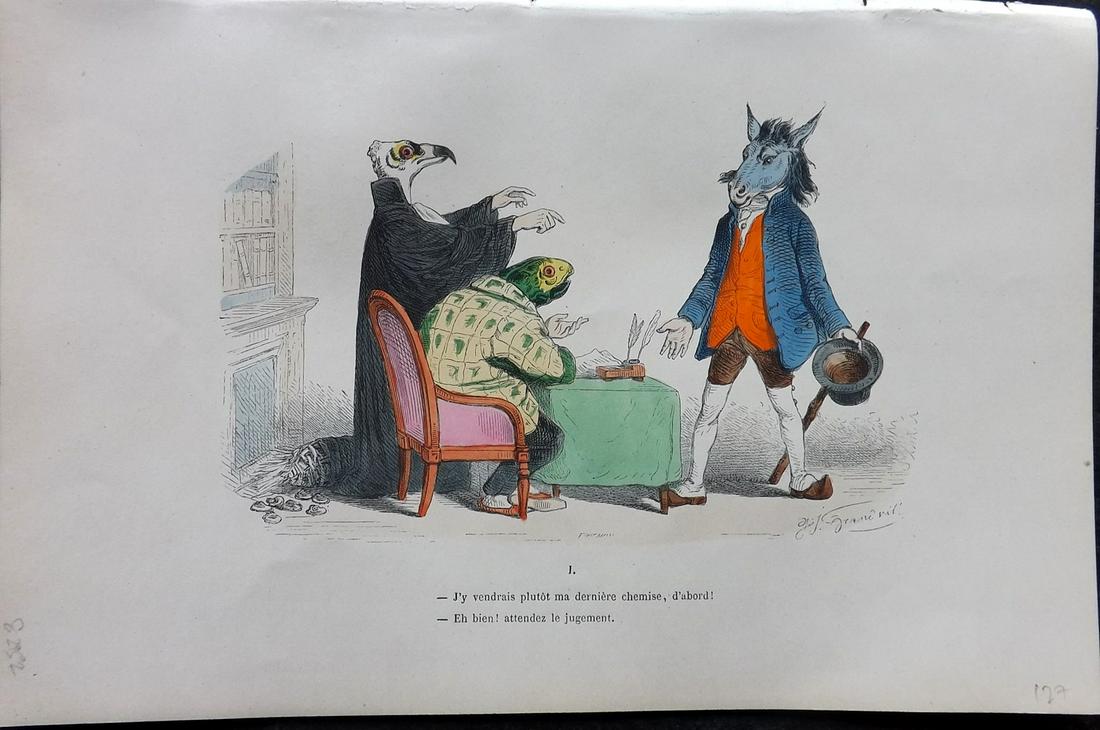 Grandville, J. J. 1869 HC Anthropomorphic Print. Bird, Turtle, Horse 01: Hand Colored Lithograph Published 1869, Paris for "Les Metamorphoses du jour par Grandville" by Jean Ignace Isidore Gérard (J. J. Grandville Pseud) Paper Size: 10 x 6.5 inch (25 x 17cm) Good Conditio