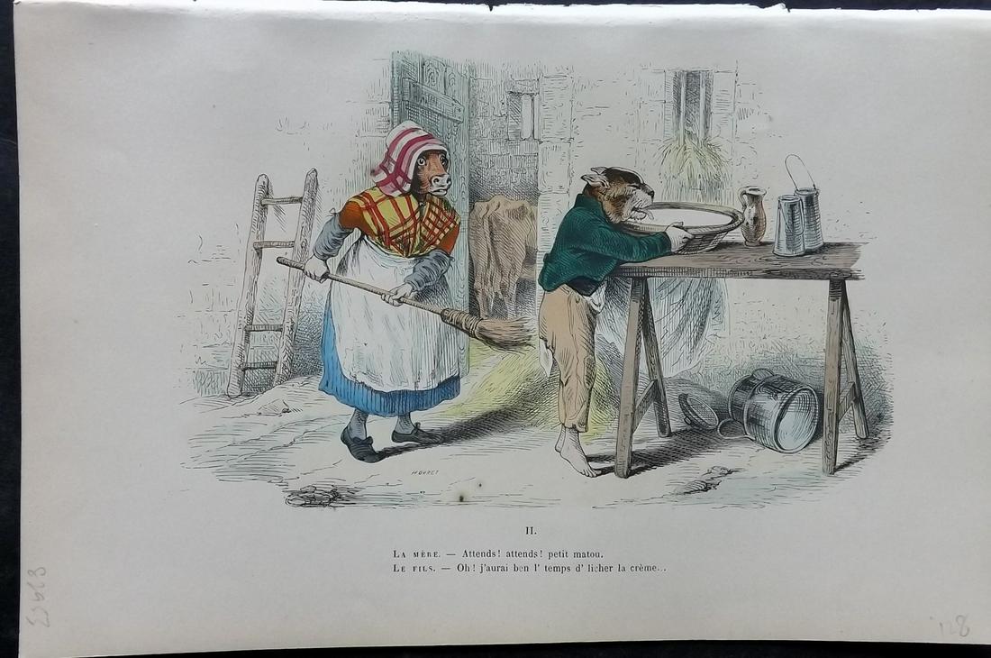 Grandville, J. J. 1869 HC Anthropomorphic Print. Cow & Cat 02: Hand Colored Lithograph Published 1869, Paris for "Les Metamorphoses du jour par Grandville" by Jean Ignace Isidore Gérard (J. J. Grandville Pseud) Paper Size: 10 x 6.5 inch (25 x 17cm) Good Conditio