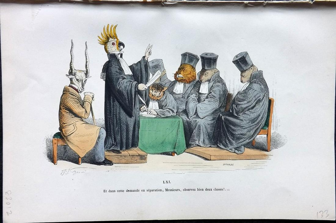 Grandville, J. J. 1869 HC Anthropomorphic Print. Cockatoo, Lion 61 (1 of 2)