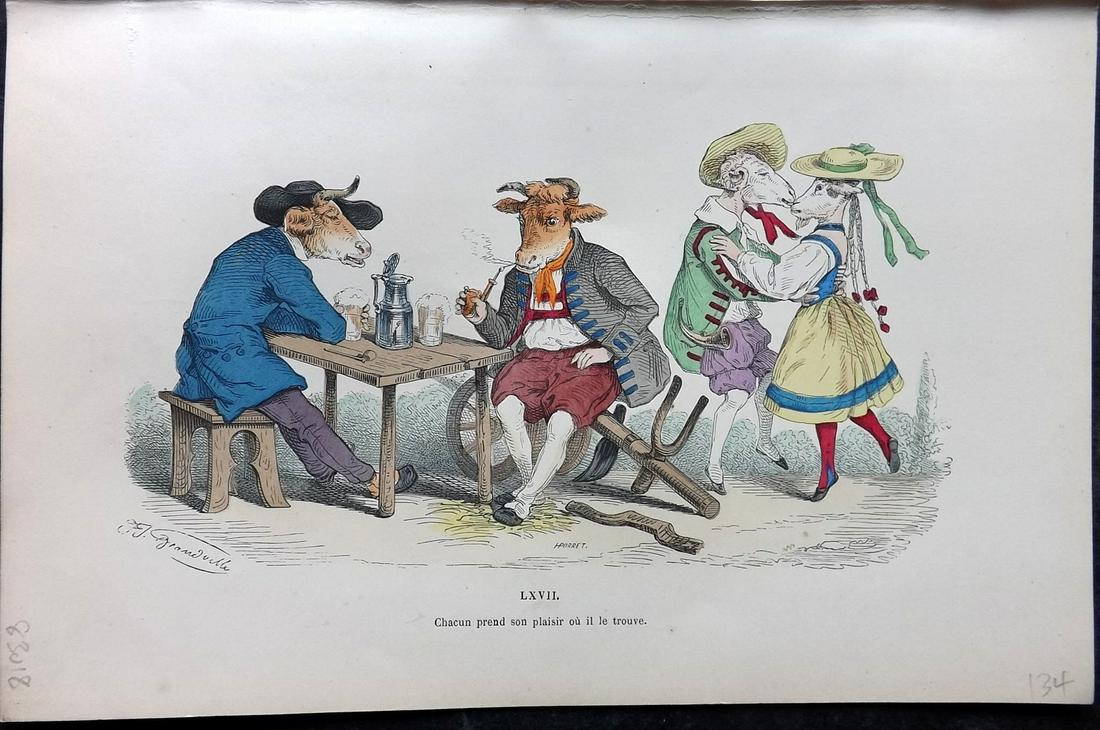 Grandville, J. J. 1869 HC Anthropomorphic Print. Bulls & Dancing Goats 67: Hand Colored Lithograph Published 1869, Paris for "Les Metamorphoses du jour par Grandville" by Jean Ignace Isidore Gérard (J. J. Grandville Pseud) Paper Size: 10 x 6.5 inch (25 x 17cm) Good Conditio