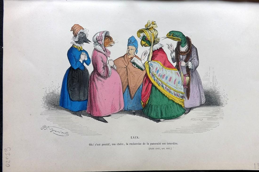 Grandville, J. J. 1869 HC Anthropomorphic Print. Bird, Snake, Cat, Dog 69: Hand Colored Lithograph Published 1869, Paris for "Les Metamorphoses du jour par Grandville" by Jean Ignace Isidore Gérard (J. J. Grandville Pseud) Paper Size: 10 x 6.5 inch (25 x 17cm) Good Conditio