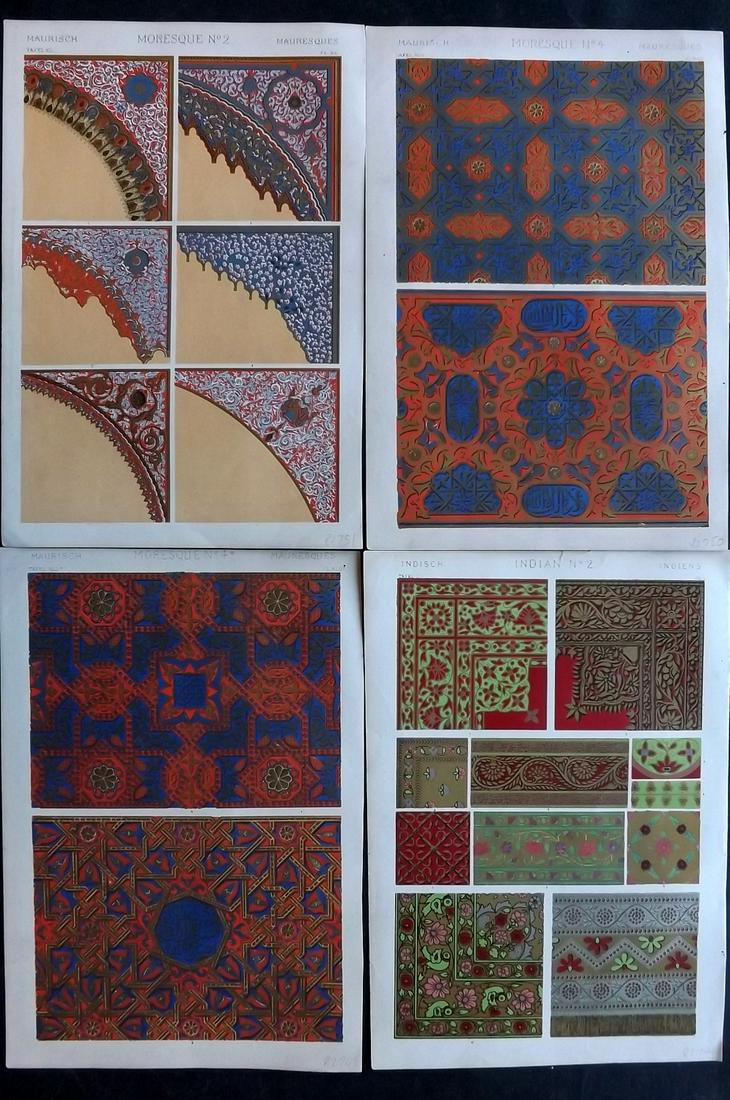Jones, Owen 1868 Lot of 4 Folio Archictectural Prints: Chromolithographs Published 1868 by Bernard Quaritch, London for "The Grammar of Ornament" by Owen Jones. Paper Size: 13 x 8.5 inch (33 x 22cm) Good Condition overall