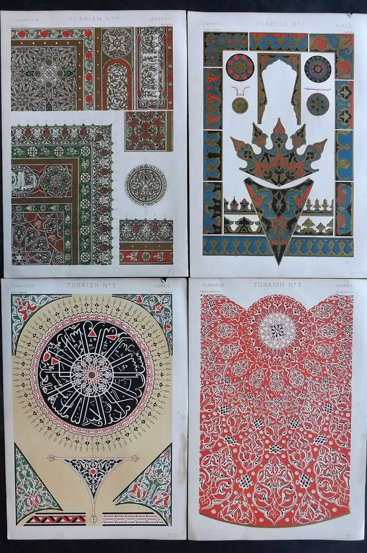 Jones, Owen 1868 Lot of 4 Folio Archictectural Prints: Chromolithographs Published 1868 by Bernard Quaritch, London for "The Grammar of Ornament" by Owen Jones. Paper Size: 13 x 8.5 inch (33 x 22cm) Good Condition overall