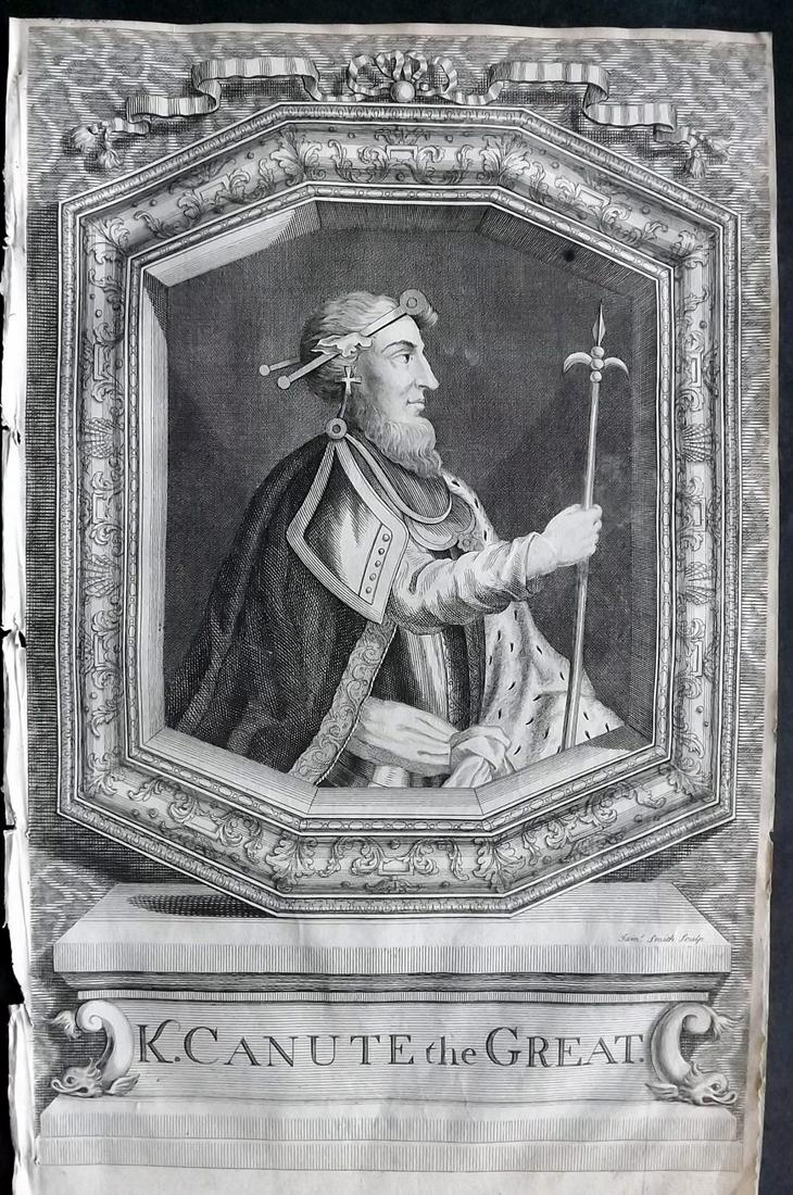 Rapin de Thoyras, Paul C1740 Folio Portrait. King Canute the Great: Copper Plate Published 1732-51, London for "The History of England" by Paul Rapin de Thoyras. Translated by Nicholas Tindal. Paper Size: 15 x 9.5 inch (38 x 24cm) A couple of small margin tears. Tiny 