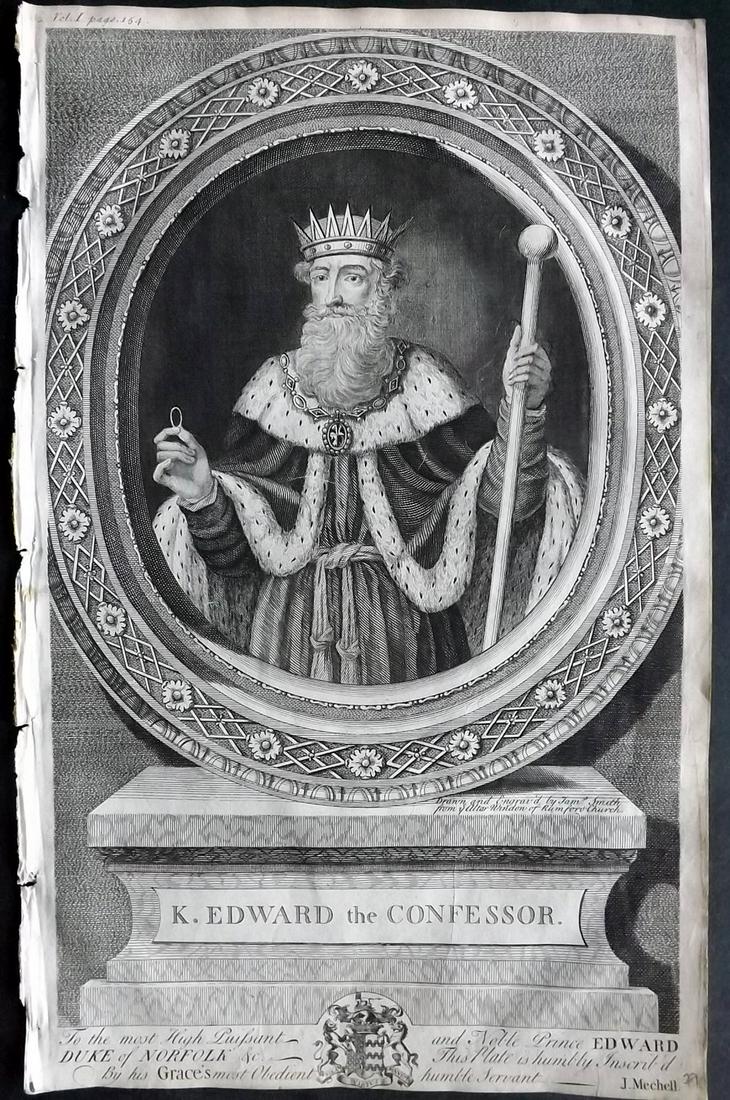 Rapin de Thoyras, Paul C1740 Folio Portrait. King Edward the Confessor: Copper Plate Published 1732-51, London for "The History of England" by Paul Rapin de Thoyras. Translated by Nicholas Tindal. Paper Size: 15 x 9.5 inch (38 x 24cm) Good condition