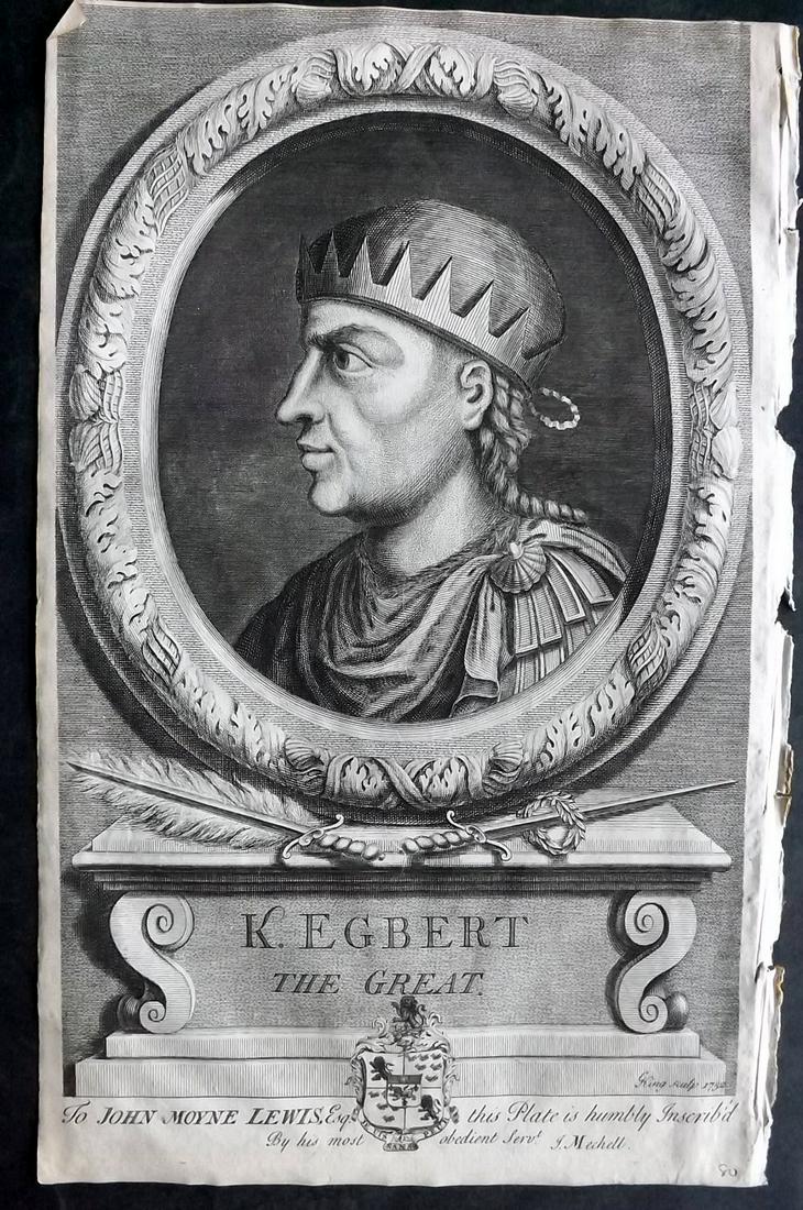 Rapin de Thoyras, Paul C1740 Folio Portrait. King Egbert the Great: Copper Plate Published 1732-51, London for "The History of England" by Paul Rapin de Thoyras. Translated by Nicholas Tindal. Paper Size: 15 x 9.5 inch (38 x 24cm) Good condition