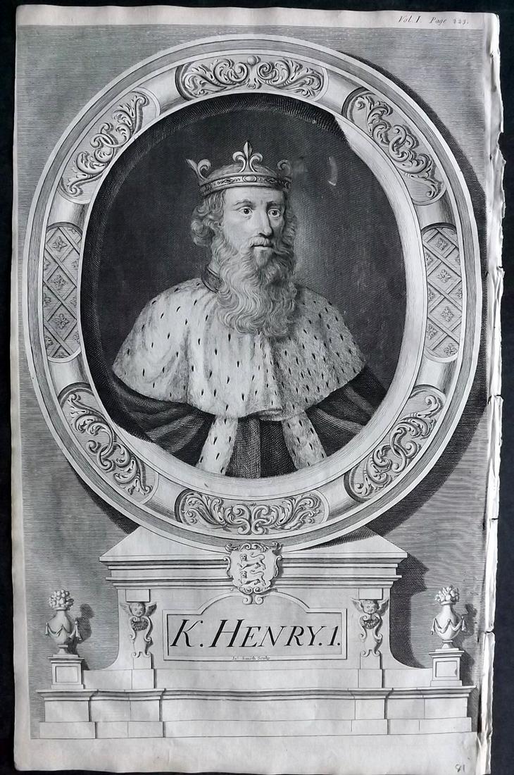 Rapin de Thoyras, Paul C1740 Folio Portrait. King Henry I: Copper Plate Published 1732-51, London for "The History of England" by Paul Rapin de Thoyras. Translated by Nicholas Tindal. Paper Size: 15 x 9.5 inch (38 x 24cm) Good condition