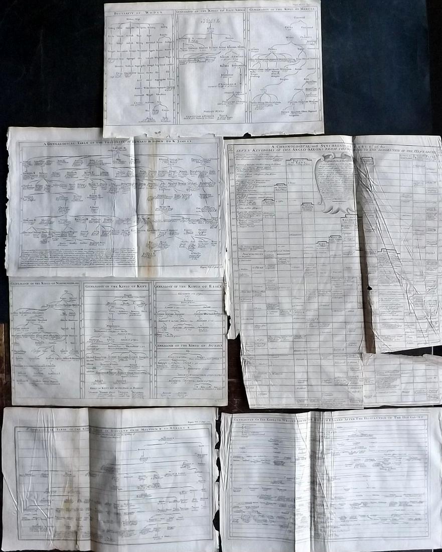 Rapin de Thoyras, Paul C1740 Lot of 6 Royal Genealogy Charts: Copper Plates Published 1732-51, London for "The History of England" by Paul Rapin de Thoyras. Translated by Nicholas Tindal. Fold as issued. Paper Size: Mostly 15 x 9.5 inch (38 x 24cm) One with faul