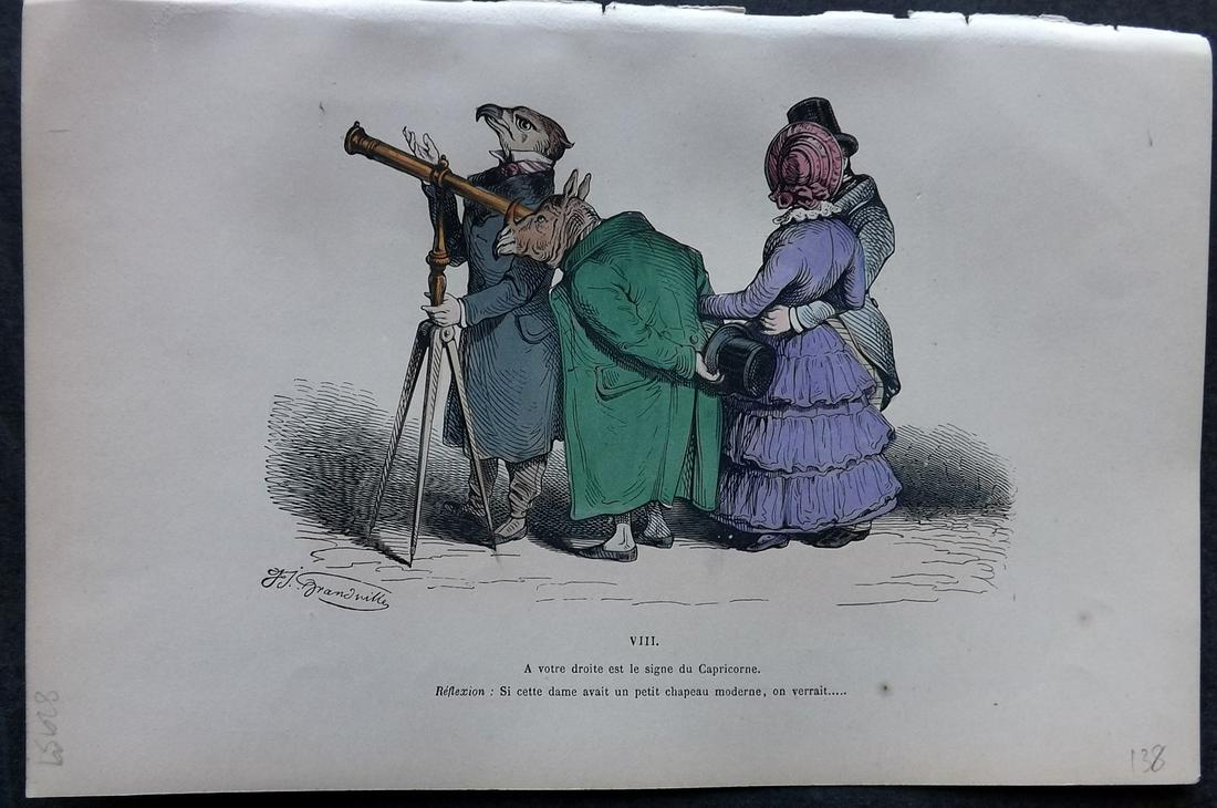 Grandville, J. J. 1869 HC Anthropomorphic Print. Bird, Rhino. Astronomy 08: Hand Colored Lithograph Published 1869, Paris for "Les Metamorphoses du jour par Grandville" by Jean Ignace Isidore Gérard (J. J. Grandville Pseud) Paper Size: 10 x 6.5 inch (25 x 17cm) Good Conditio