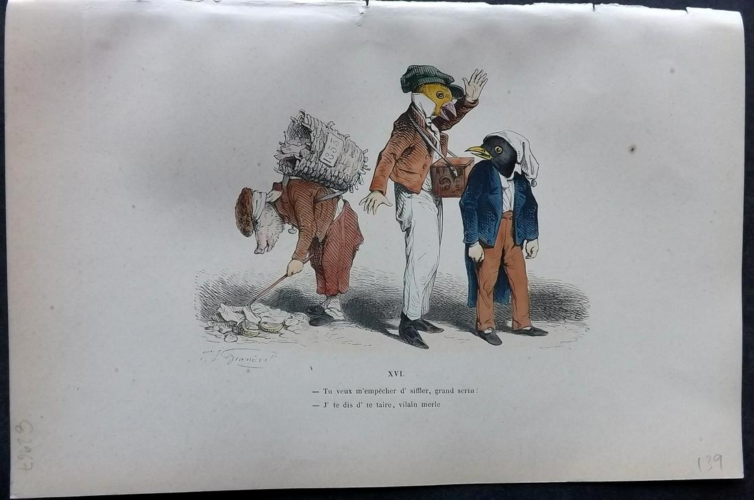 Grandville, J. J. 1869 HC Anthropomorphic Print. Birds, Pigs 16: Hand Colored Lithograph Published 1869, Paris for "Les Metamorphoses du jour par Grandville" by Jean Ignace Isidore Gérard (J. J. Grandville Pseud) Paper Size: 10 x 6.5 inch (25 x 17cm) Good Conditio