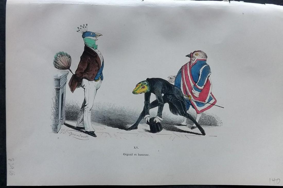 Grandville, J. J. 1869 HC Anthropomorphic Print. Birds, Snake 15: Hand Colored Lithograph Published 1869, Paris for "Les Metamorphoses du jour par Grandville" by Jean Ignace Isidore Gérard (J. J. Grandville Pseud) Paper Size: 10 x 6.5 inch (25 x 17cm) Good Conditio