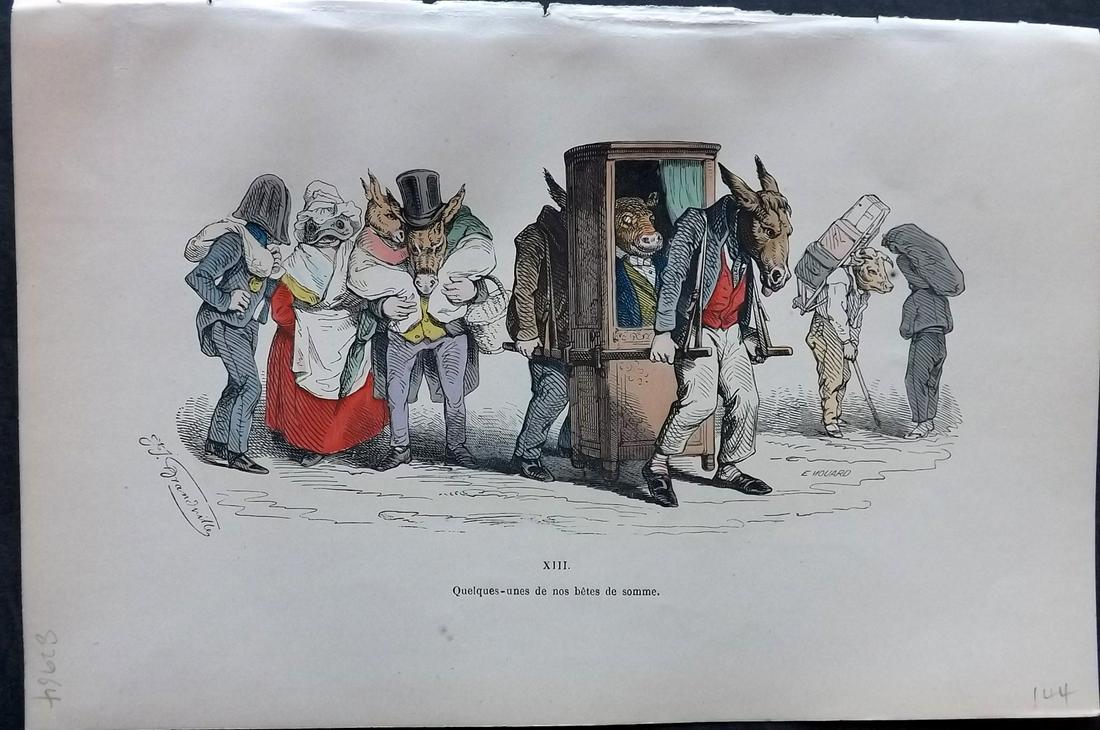 Grandville, J. J. 1869 HC Anthropomorphic Print. Horse, Pig, Cattle 13: Hand Colored Lithograph Published 1869, Paris for "Les Metamorphoses du jour par Grandville" by Jean Ignace Isidore Gérard (J. J. Grandville Pseud) Paper Size: 10 x 6.5 inch (25 x 17cm) Good Conditio