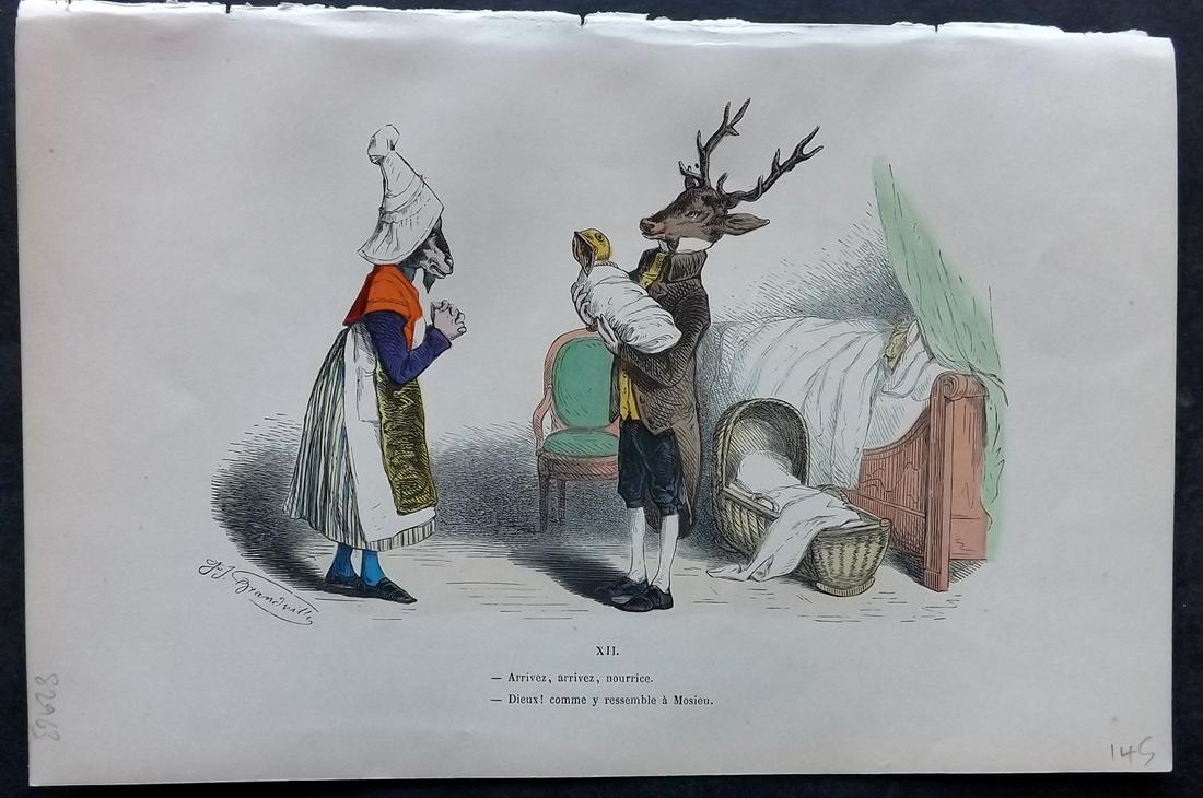 Grandville, J. J. 1869 HC Anthropomorphic Print. Stag, Bird 12: Hand Colored Lithograph Published 1869, Paris for "Les Metamorphoses du jour par Grandville" by Jean Ignace Isidore Gérard (J. J. Grandville Pseud) Paper Size: 10 x 6.5 inch (25 x 17cm) Good Conditio