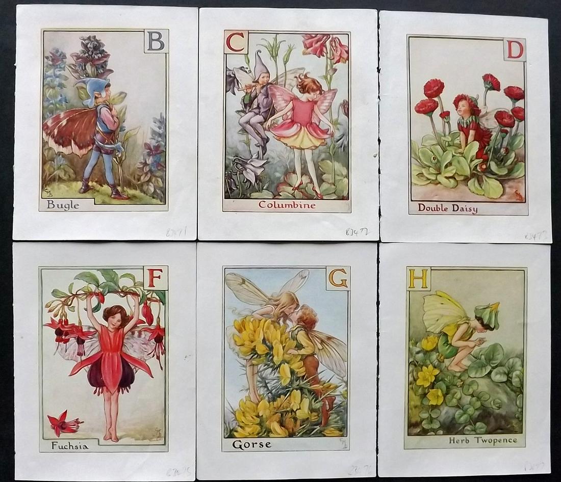 Barker, Cicely Mary C1940 Lot of 6 Flower-Fairy Prints - Alphabet Fairies: Lithographs Published C1935-45 by Blackie & Son, London & Glasgow for the "Flower-Fairies" Series by Cicely Mary Barker. Reverse side blank. Paper Size: 5.5 x 4 inch (14 x 10cm) Good Condition