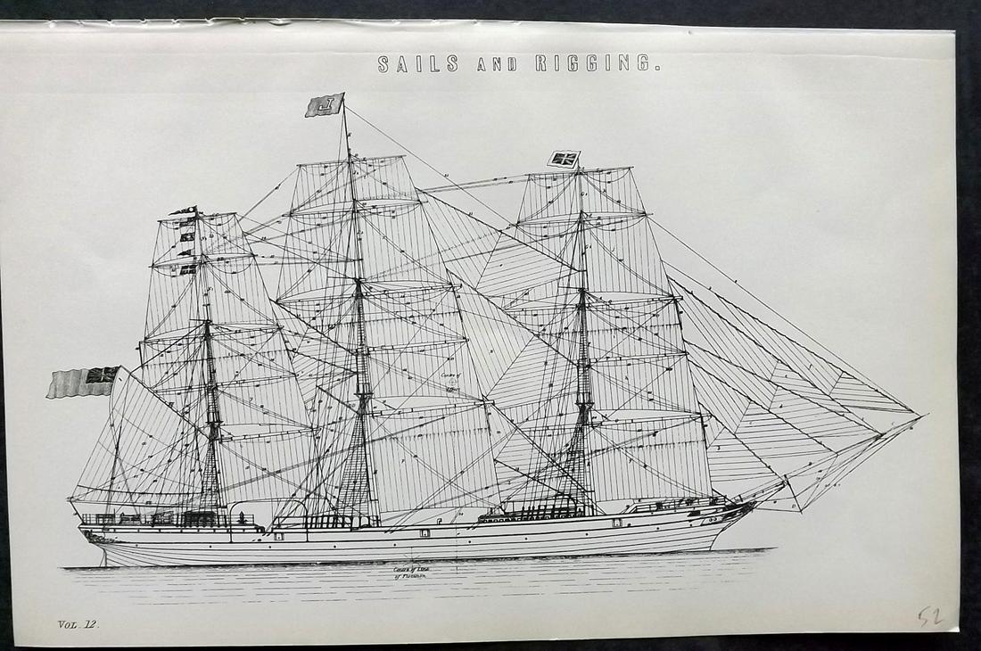 National Encyclopedia 1891 Antique Ship Print. Sails and Rigging: Lithograph/Woodblocks Published 1891-1901 by William Mackenzie, London for "The National Encyclopedia: A dictionary of Universal Knowledge" Paper Size: 10 x 6 inch (25 x 16cm) Good Condition