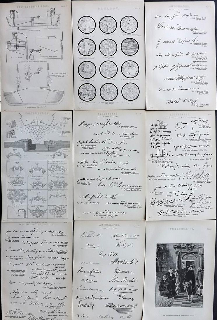 National Encyclopedia 1891 Mixed Lot of 9 Prints: Incl Autographs, Photography, Fortification, Geology and Boat Lowering Gear. Lithograph/Woodblocks Published 1891-1901 by William Mackenzie, London for "The National Encyclopedia: A dictionary of Univ