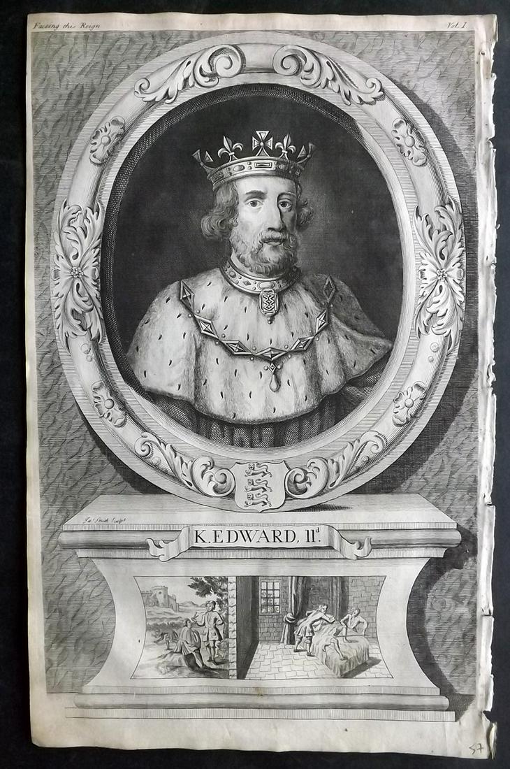 Rapin de Thoyras, Paul C1740 Folio Portrait. King Edward II: Copper Plate Published 1732-51, London for "The History of England" by Paul Rapin de Thoyras. Translated by Nicholas Tindal. Paper Size: 15 x 9.5 inch (38 x 24cm) Alight chipping to left margin. Good 