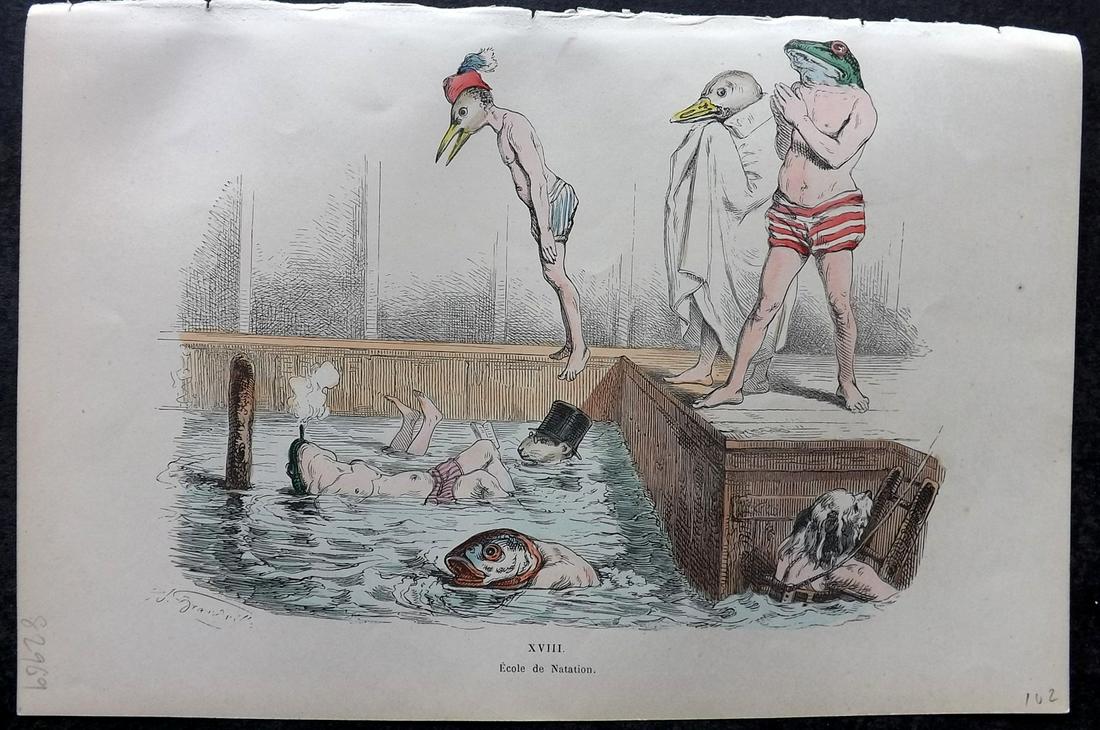 Grandville, J. J. 1869 HC Anthropomorphic Print. Bird, Frog, Fish 18: Hand Colored Lithograph Published 1869, Paris for "Les Metamorphoses du jour par Grandville" by Jean Ignace Isidore Gérard (J. J. Grandville Pseud) Paper Size: 10 x 6.5 inch (25 x 17cm) Good Conditio