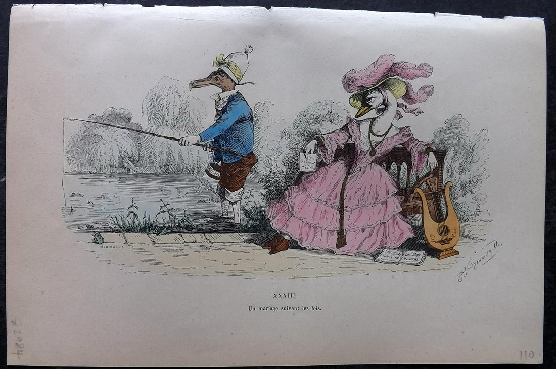 Grandville, J. J. 1869 HC Anthropomorphic Print. Swan, Bird Fishing 33 (1 of 2)