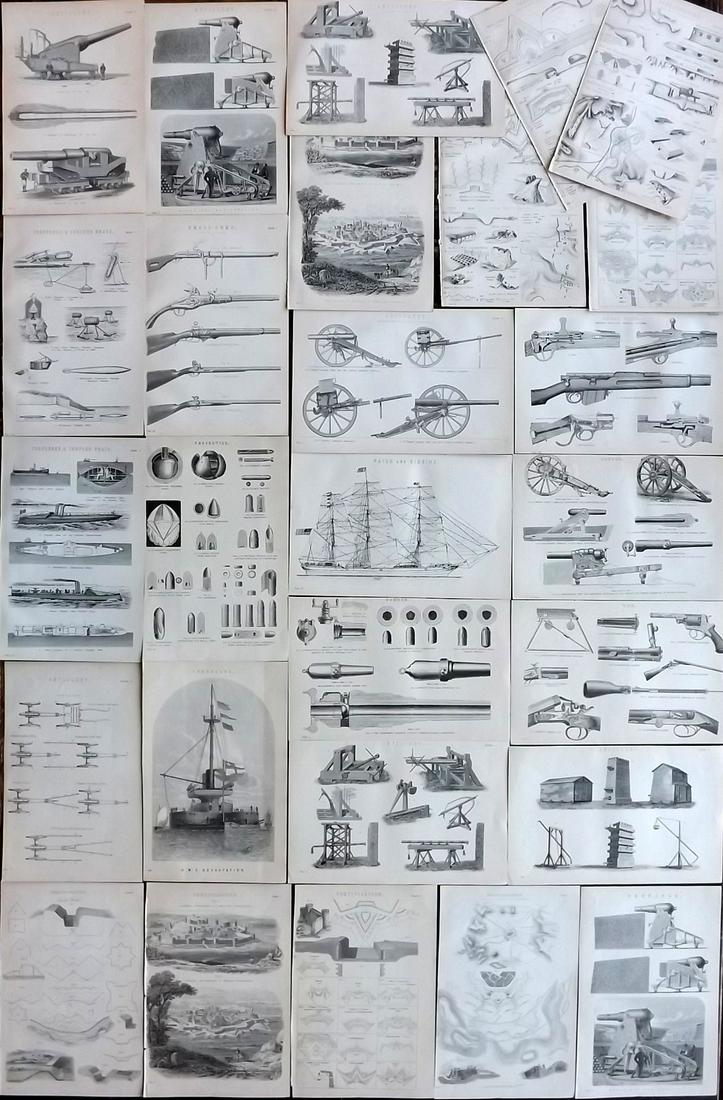 Nat. Encyclo. 1890's Lot of 27 Military, Naval, Weapon Prints: A couple of duplicates. Woodblocks and/or Steel Engravings, plus 3 Chromolithographs Published 1891-1901 by William Mackenzie, London for "The National Encyclopedia: A dictionary of Universal Knowledg