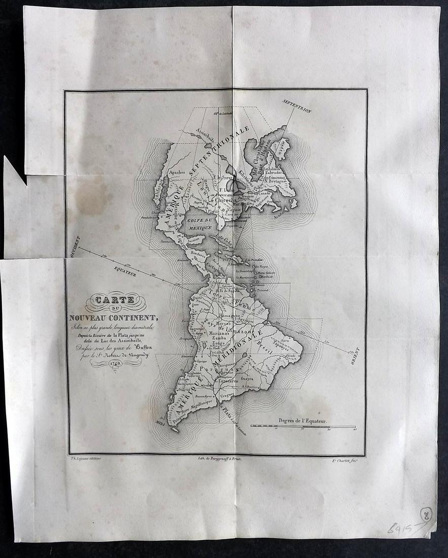 Buffon & Vaugondy 1830 Map of America: "Carte du Nouveau Continent" Lithograph Published 1828-33, Brussels for "Oeuvres completes de Buffon" by the Comte de Buffon and Louis-Jean-Marie Daubenton. Folds as issued. Paper Size: 12 x 10 inch (