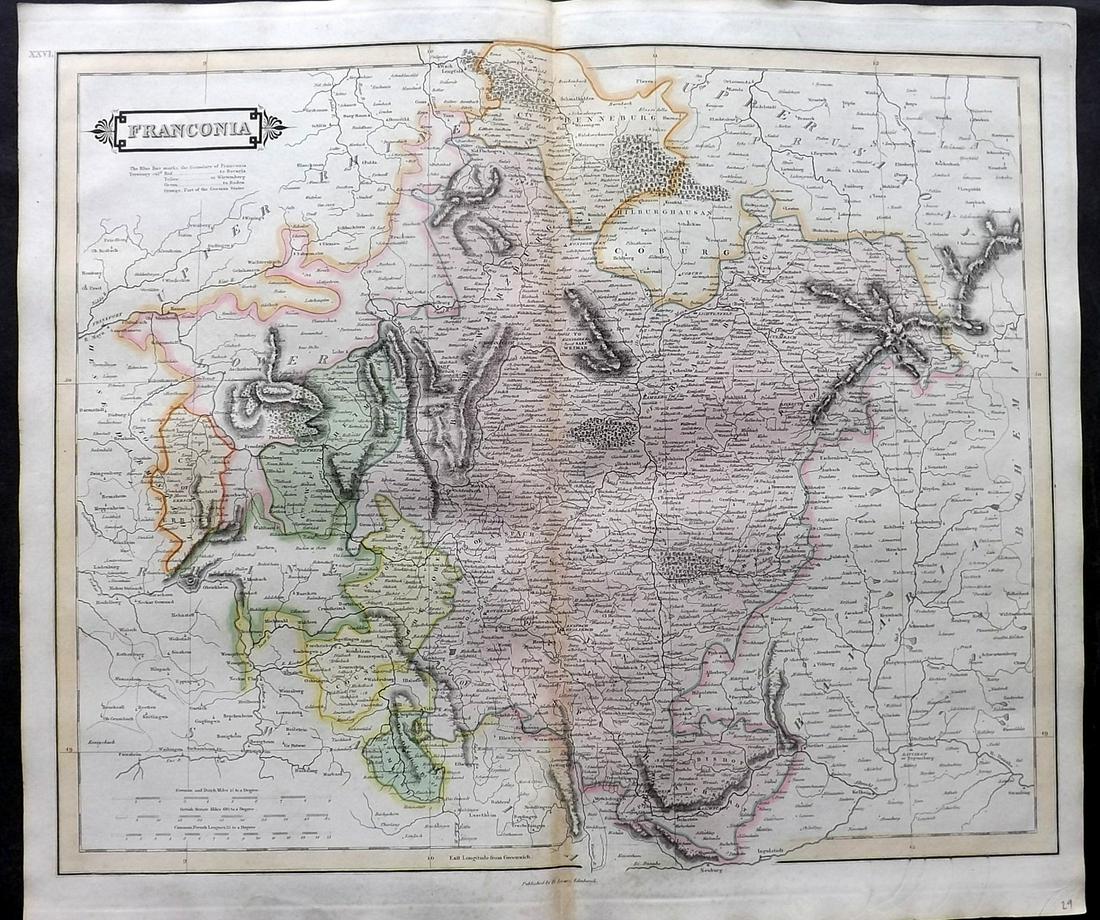 Lizars, Daniel 1831 LG Rare HC Map. Franconia, Germany: Large Folio Copper Engraved Map Published 1831-2 by John Hamilton, Successor to Daniel Lizars, Edinburgh for "The Edinburgh Geographical and Historical Atlas..." First Edition by Daniel Lizars. Very f