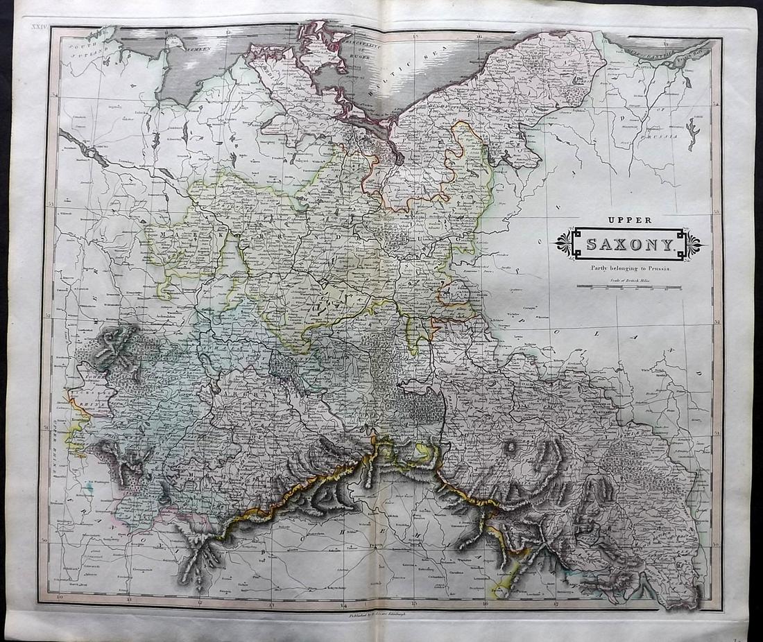 Lizars, Daniel 1831 LG Rare HC Map. Upper Saxony, Germany: Large Folio Copper Engraved Map Published 1831-2 by John Hamilton, Successor to Daniel Lizars, Edinburgh for "The Edinburgh Geographical and Historical Atlas..." First Edition by Daniel Lizars. Very f