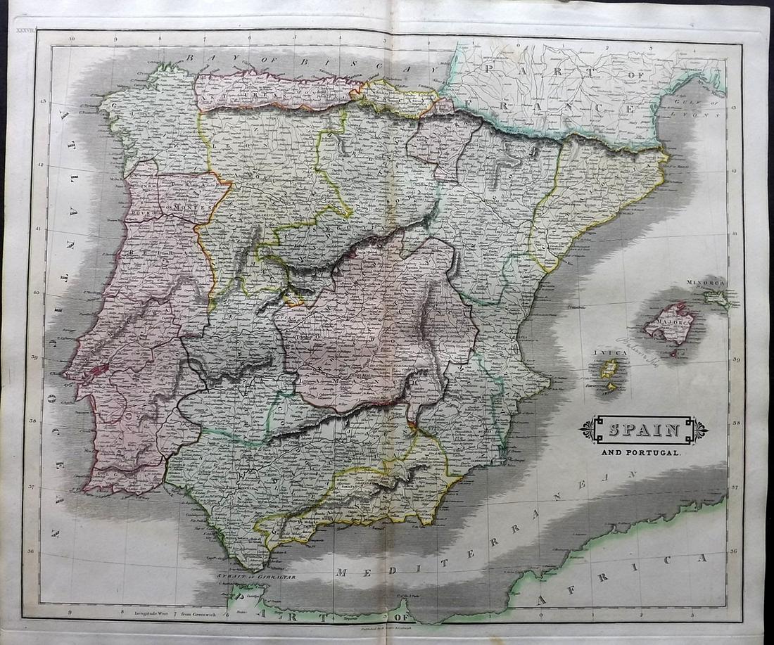 Lizars, Daniel 1831 LG Rare HC Map. Spain and Portugal (1 of 2)