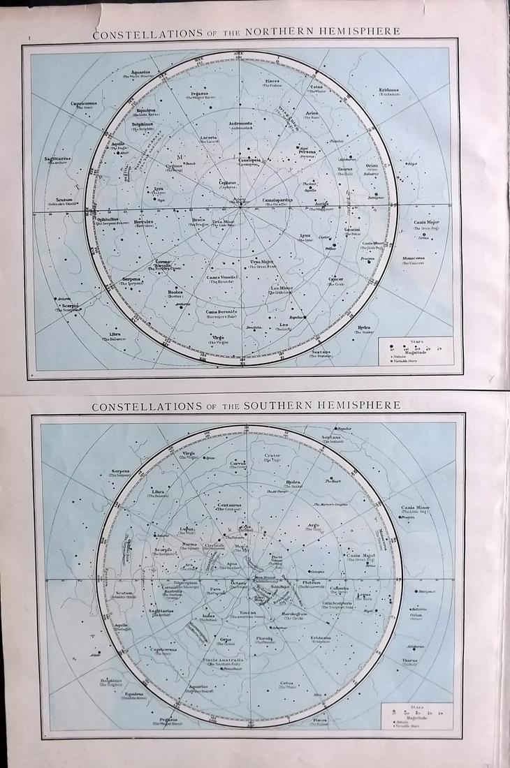 Times Atlas 1895 Pair of Celestial Maps. Northern & Southern Constallations (1 of 2)
