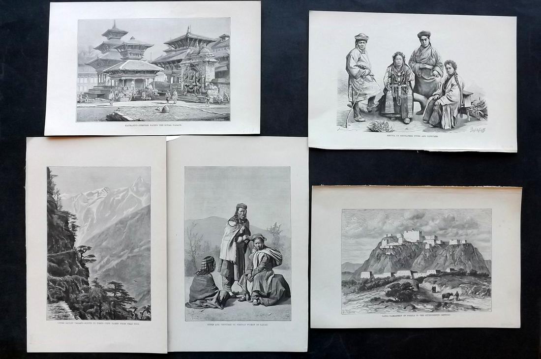 Reclus, Elisee C1880 Lot of 5 Prints. Tibet, Nepal, Bhutan: Wood Engraving (Reverse side blank) Published 1876-94, London for "The Universal Geography" by Elisee Reclus. Edited by A. H. Keane. Paper Size: 10 x 7 inch (26 x 17.5cm) Good Condition
