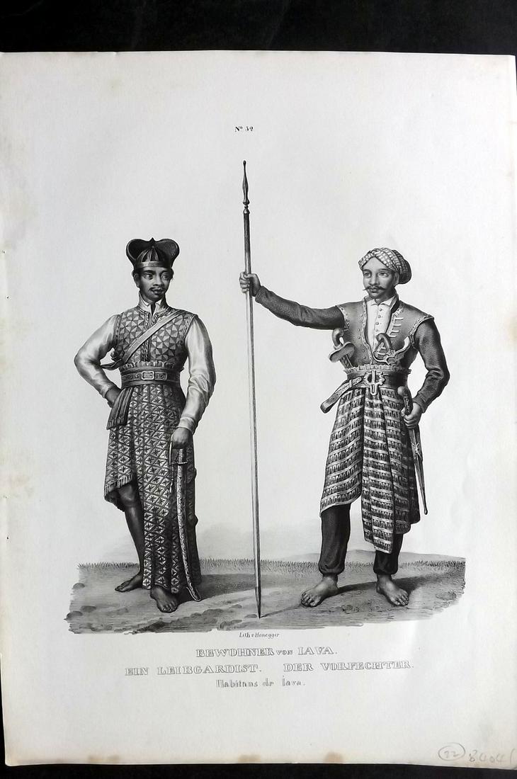 Schinz & Brodtmann C1840 Print. Bewohner von Java Ein Leibgardist 32 Indonesia: Folio Lithograph Published 1834-45, Zurich for "Naturgeschichte und Abbildungen der Menschen..." by Heinrich Rudolph Schinz. Lithographed by Karl Joseph Brodtmann. Paper Size: 14.5 x 10.5 inch (37 x 2