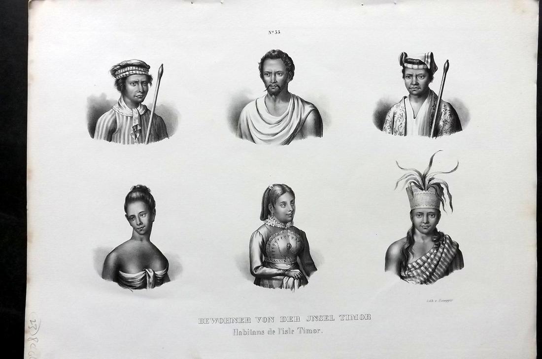 Schinz & Brodtmann C1840 Print. Bewohner von der Insel Timor 33 Indonesia: Folio Lithograph Published 1834-45, Zurich for "Naturgeschichte und Abbildungen der Menschen..." by Heinrich Rudolph Schinz. Lithographed by Karl Joseph Brodtmann. Paper Size: 14.5 x 10.5 inch (37 x 2