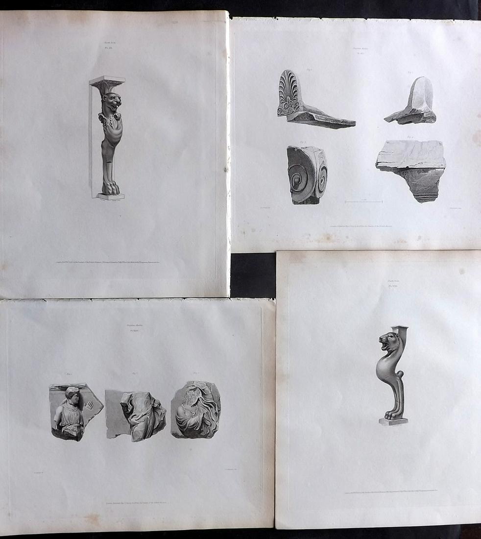 British Museum Ancient Marbles 1818 Lot of 4 Ancient Marble Prints: Stipple Engravings Published 1812-61, London for "A Description of the Collection of Ancient Marbles in the British Museum" by the British Museum, Department of Greek and Roman Antiquities. Paper Size