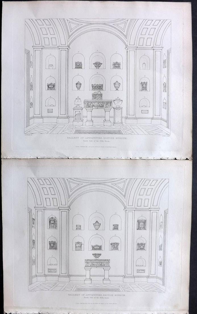 British Museum Ancient Marbles 1818 Pair of Prints. Gallery of Antiquities, British Museum (1 of 2)