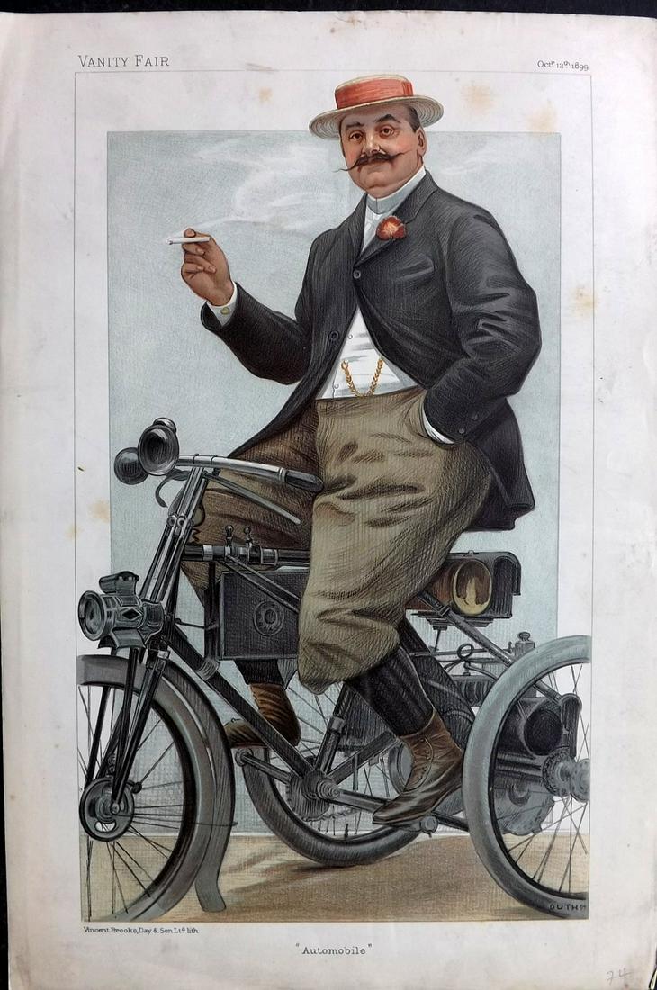 Vanity Fair Print 1899 Comte De Dion, Automobile: Chromolithograph Published 1869-1914, London for "Vanity Fair" Paper Size: 15 x 10 inch (38 x 25cm) Approx. Some margin toning, otherwise fine