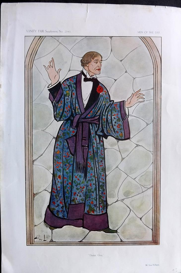 Vanity Fair Print 1913 Lou Tellegen as Dorian Gray. Theater Oscar Wilde: Chromolithograph Published 1869-1914, London for "Vanity Fair" Paper Size: 15 x 10 inch (38 x 25cm) Approx. Closed top margin tear, otherwise Good Condition