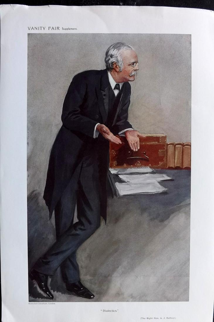 Vanity Fair Print 1910 Arthur James Balfour, Prime Minister: Chromolithograph Published 1869-1914, London for "Vanity Fair" Paper Size: 15 x 10 inch (38 x 25cm) Approx. Good Condition