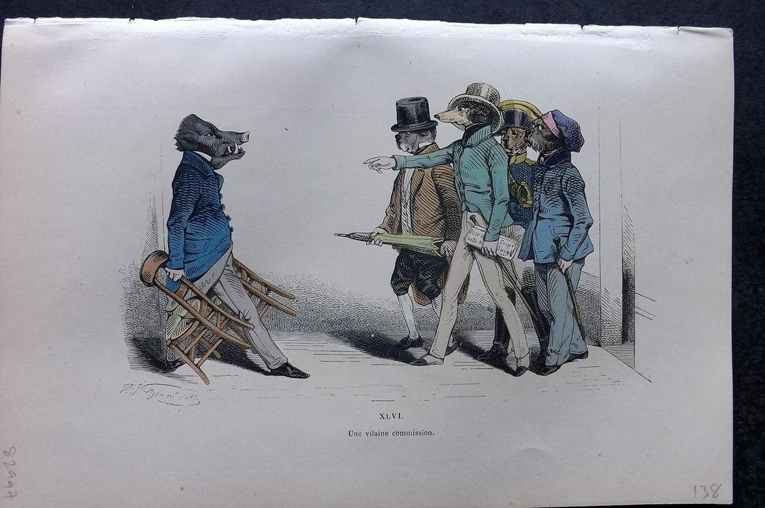 Grandville, J. J. 1869 HC Anthropomorphic Print. Une vilaine commission. Boar & Dogs 46 (1 of 2)