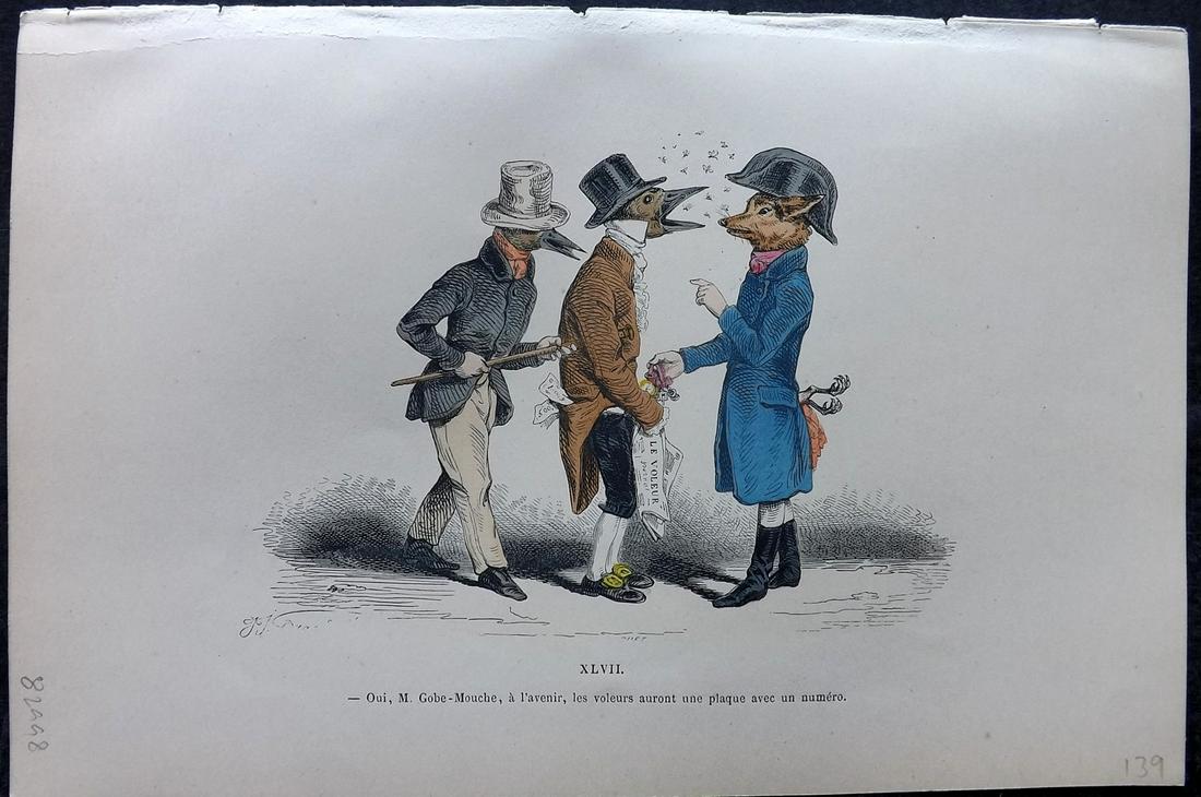 Grandville, J. J. 1869 HC Anthropomorphic Print. Oui, M. Gobe-Mouche. Birds & Wolf 47 (1 of 2)